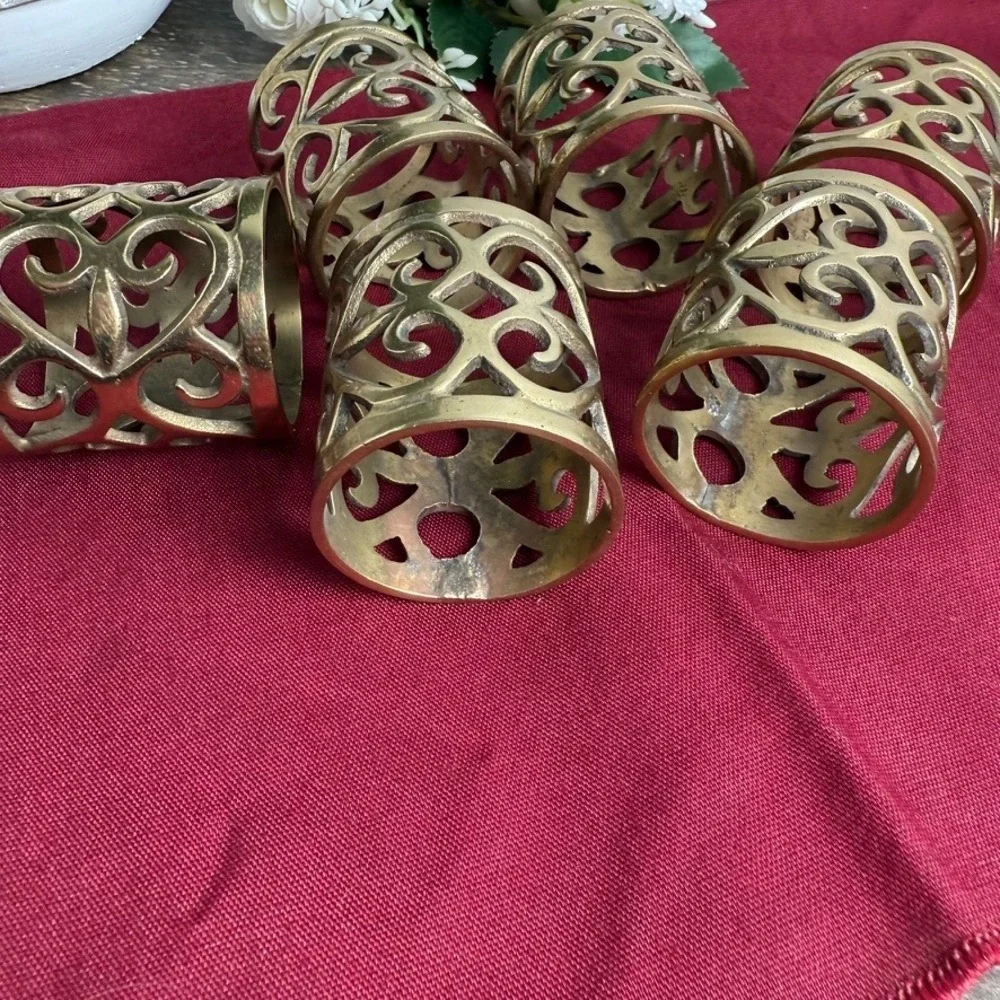 1970s Vintage Napkin Rings Set of 6 Gold Tone Openwork Scroll French Country
